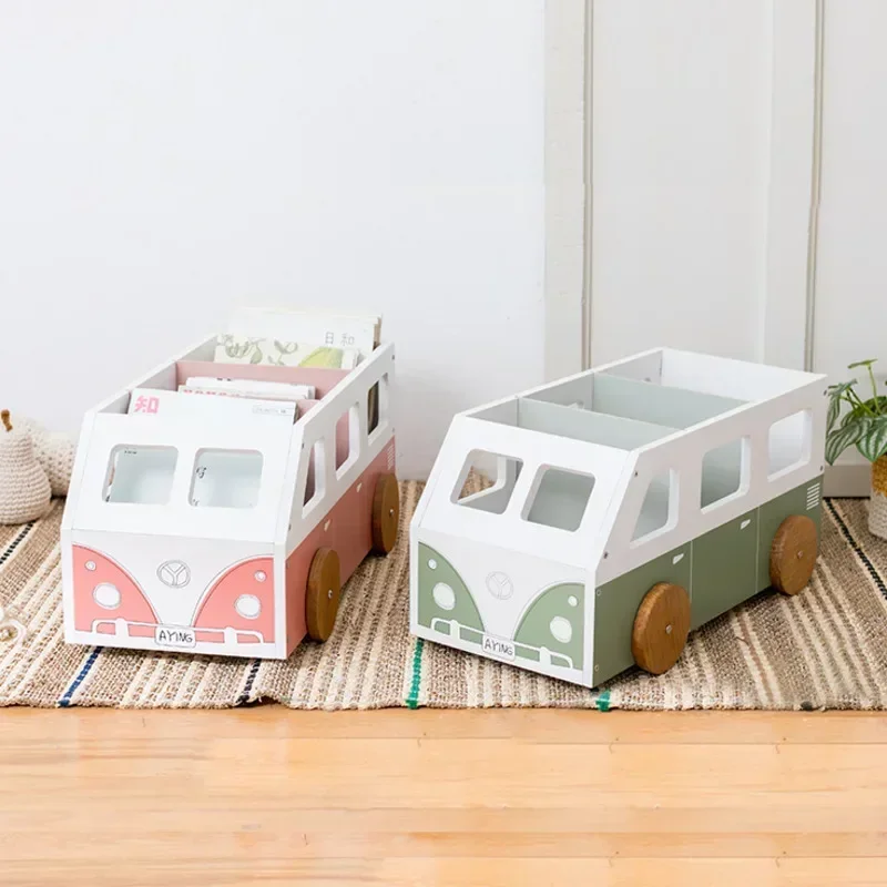 Wooden Bus Storage Cart Picture Book Organizer Movable Divider Bookshelf Bay Window Bedside Durable Design Easy Mobility