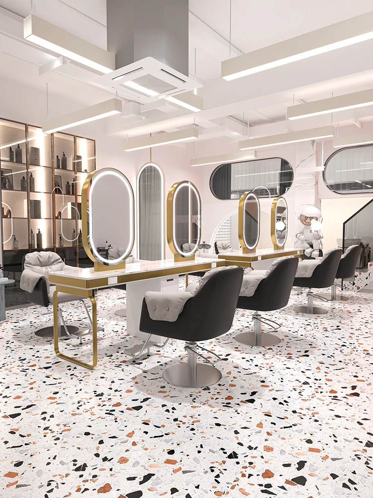 

Barber shop marble mirror table, hair salon with cabinet, ironing, dyeing, and hair cutting mirror