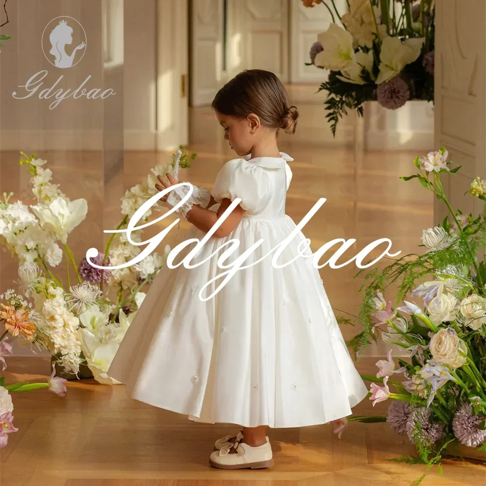 Applique O Neck Short Puff Sleeve Princess Formal Wedding Party Flower Girl Dress Ankle Length Long Ball First Communion Gown