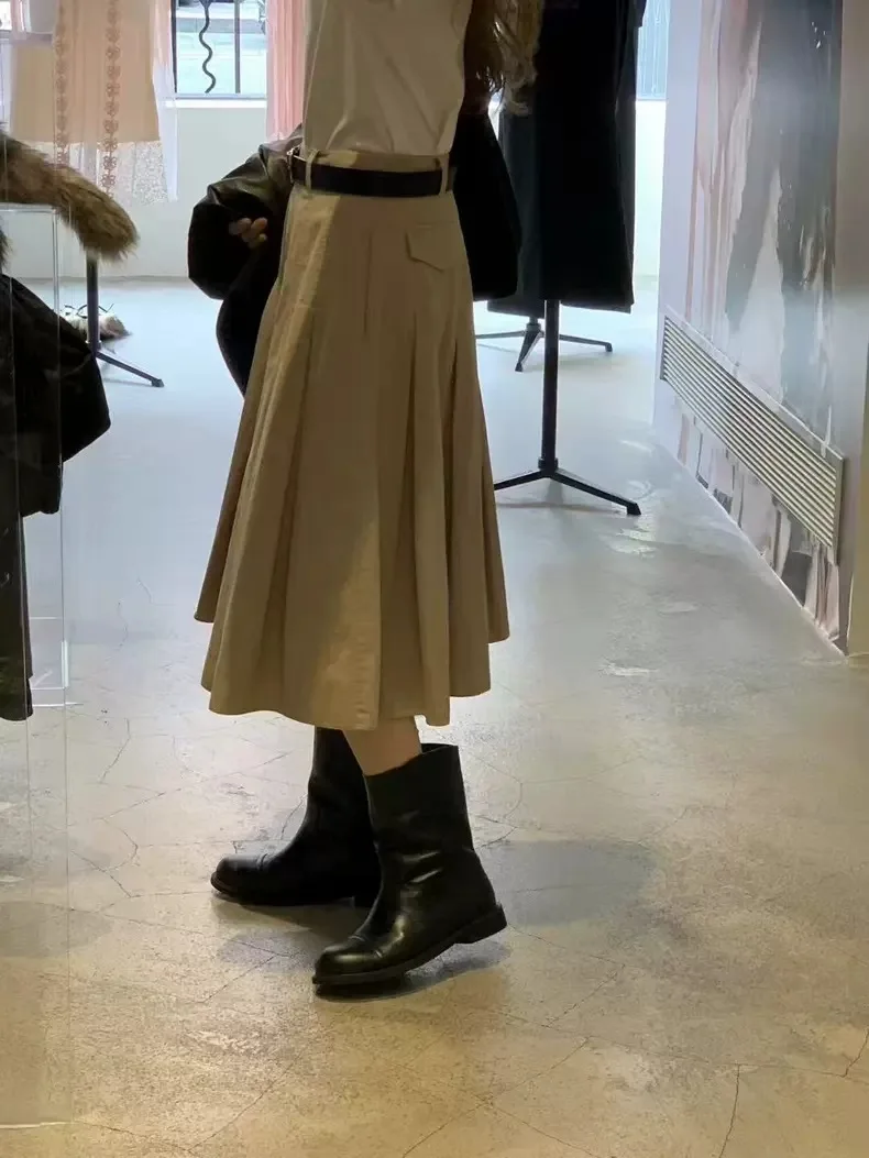 

Корейская юбка трапециевидной формы с высокой талией, осеннее новое поступление, винтажная плиссированная юбка Ele для молодых женщин, хлопковая ткань