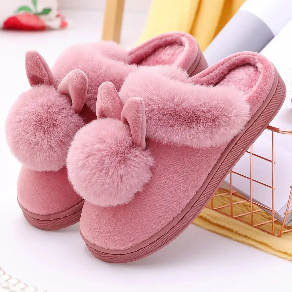 Zapatillas de casa cálidas de piel para mujer, zapatos de conejo para interiores, calzado con orejas peludas, zapatos de tacón plano para dormitorio interior, zapatillas mullidas, Invierno