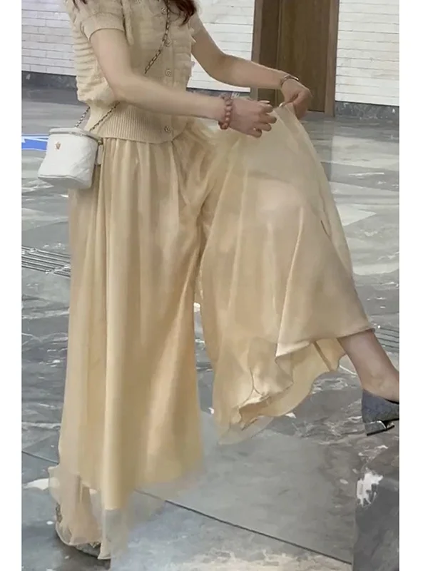 

Брюки-палаццо с высокой талией, свободного кроя, укороченные, летние, тонкие, струящиеся, для полных женщин, в корейском стиле, для повседневной носки