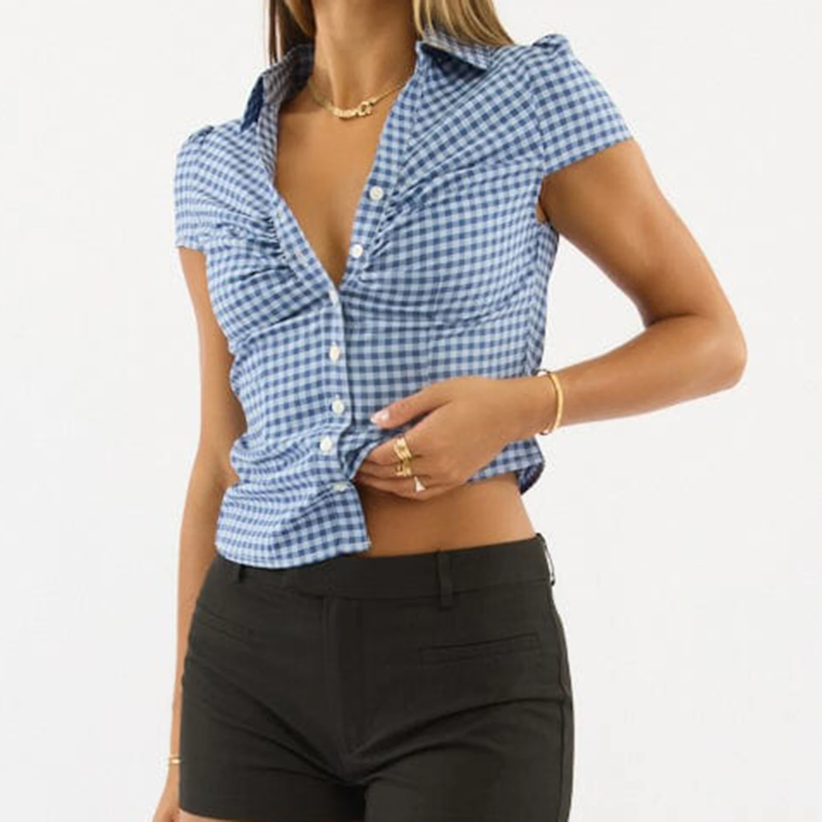 New Fashion Women Shirt Short Sleeve Button Closure Solid Plaid Summer Tops Streetwear For Casual Daily Hot Sale S M L