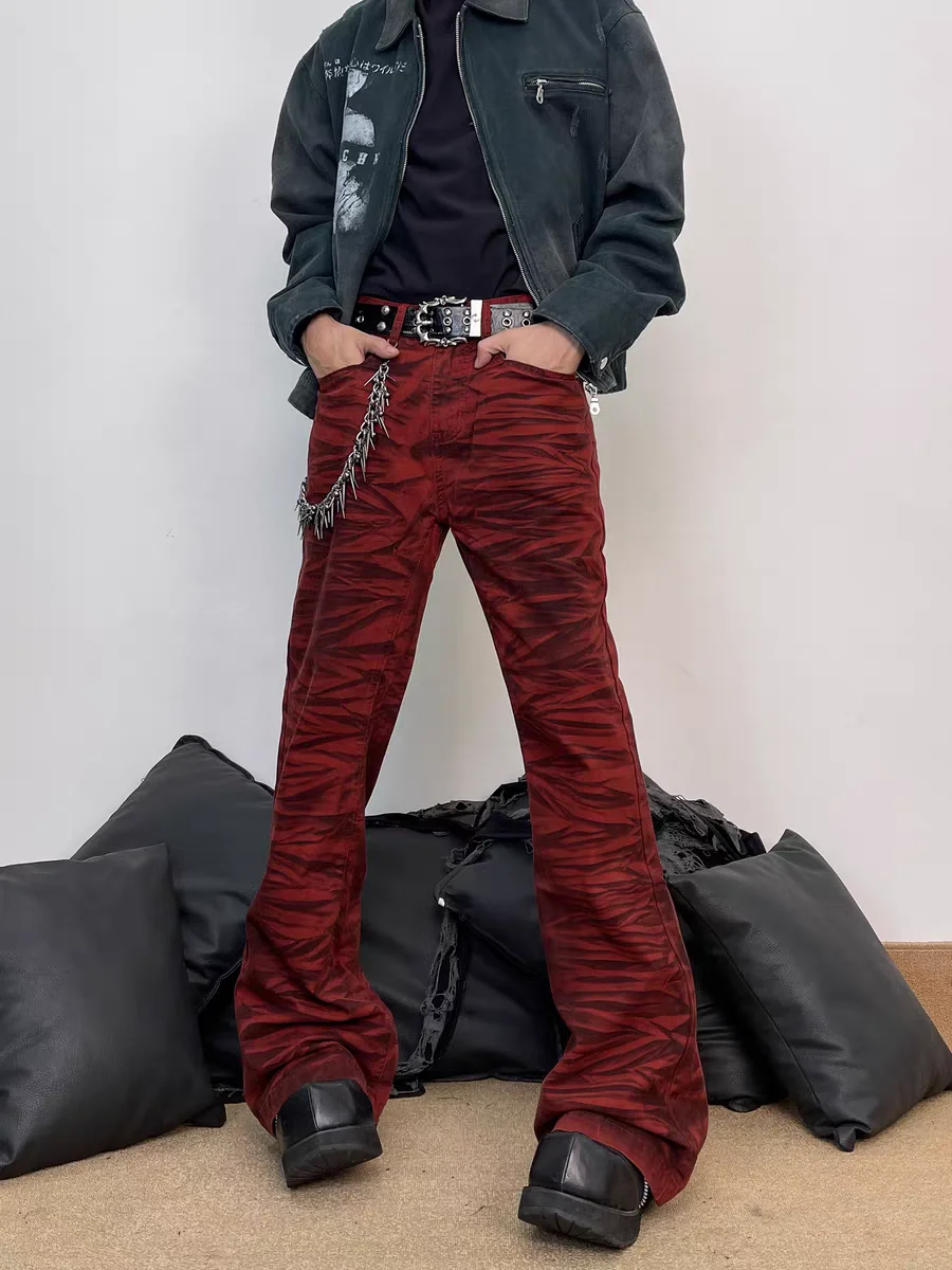 

American Retro Red Dyed Flared Jeans Men's CleanFit High Street Vibe Pants Men's Style Casual Loose Fit Denim Trousers