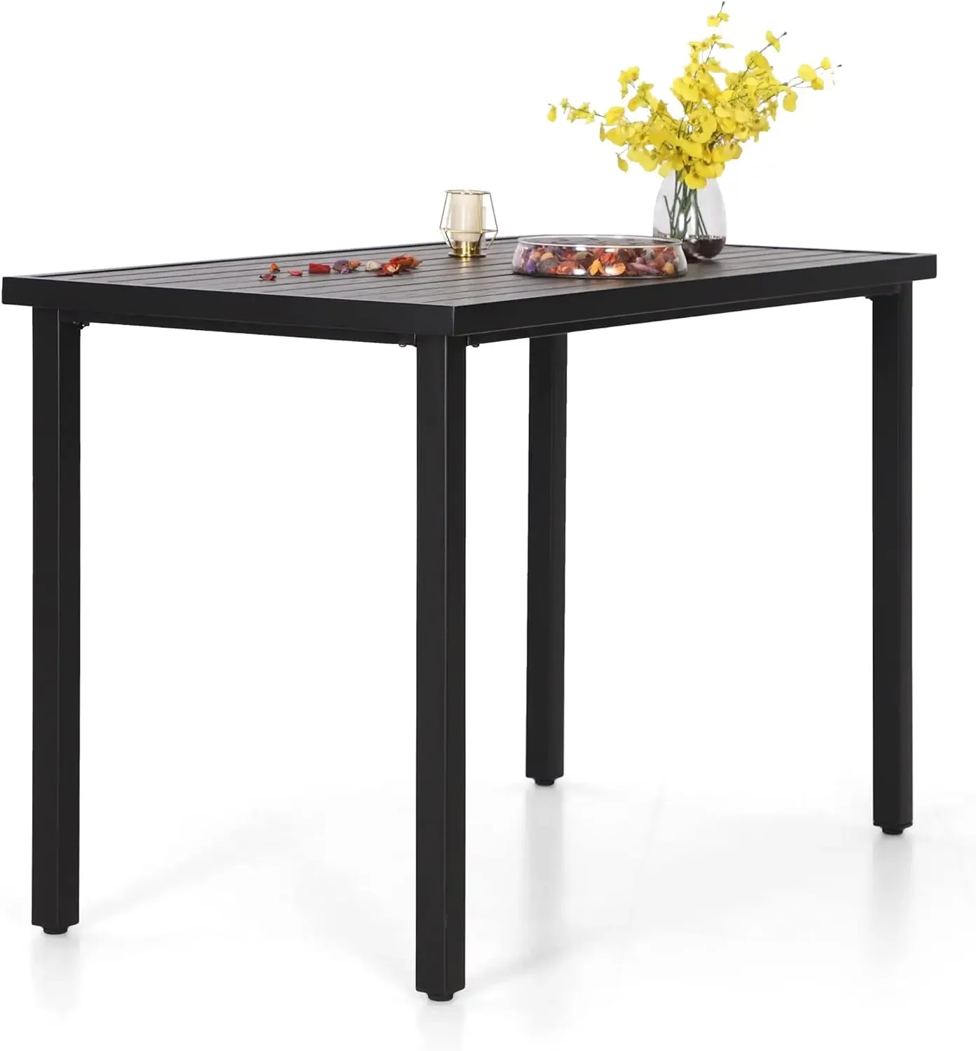 

Outdoor Tall Bar Table, Counter Height Dining Table with Wood-Like Metal Frame & Adjustable Feet, High Top Pub Cafe Table