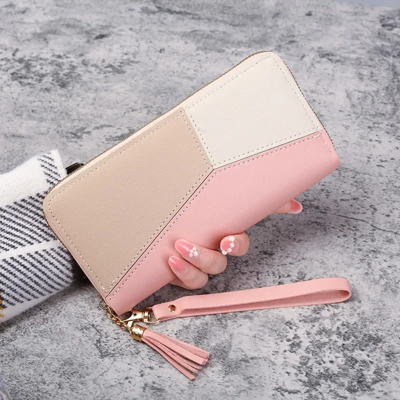 Geometric Patchwork PU Leather Women Long Zipper Wrist Purses Tassel Design Clutch Forever Young Wallet Female Card Holder