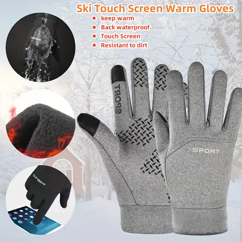 Men Winter Waterproof Cycling Gloves Outdoor Sports Ski Running Motorcycle Touch Screen Fleece Gloves Non-Slip Warm Full Fingers