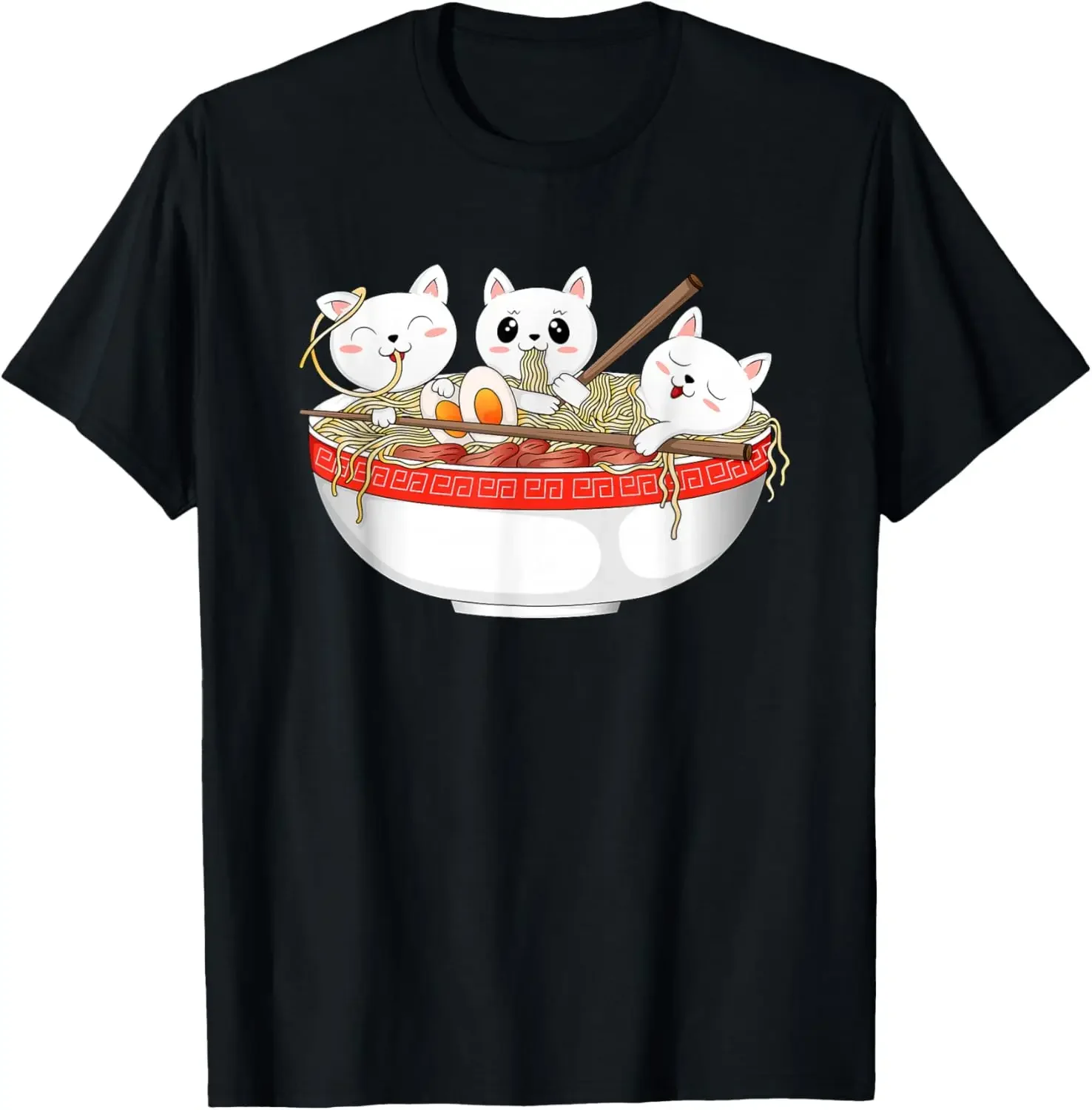 

Three Cute White Cats Eating Ramen Noodles Kawaii Japanese Graphic Tee Casual Cotton T-Shirt