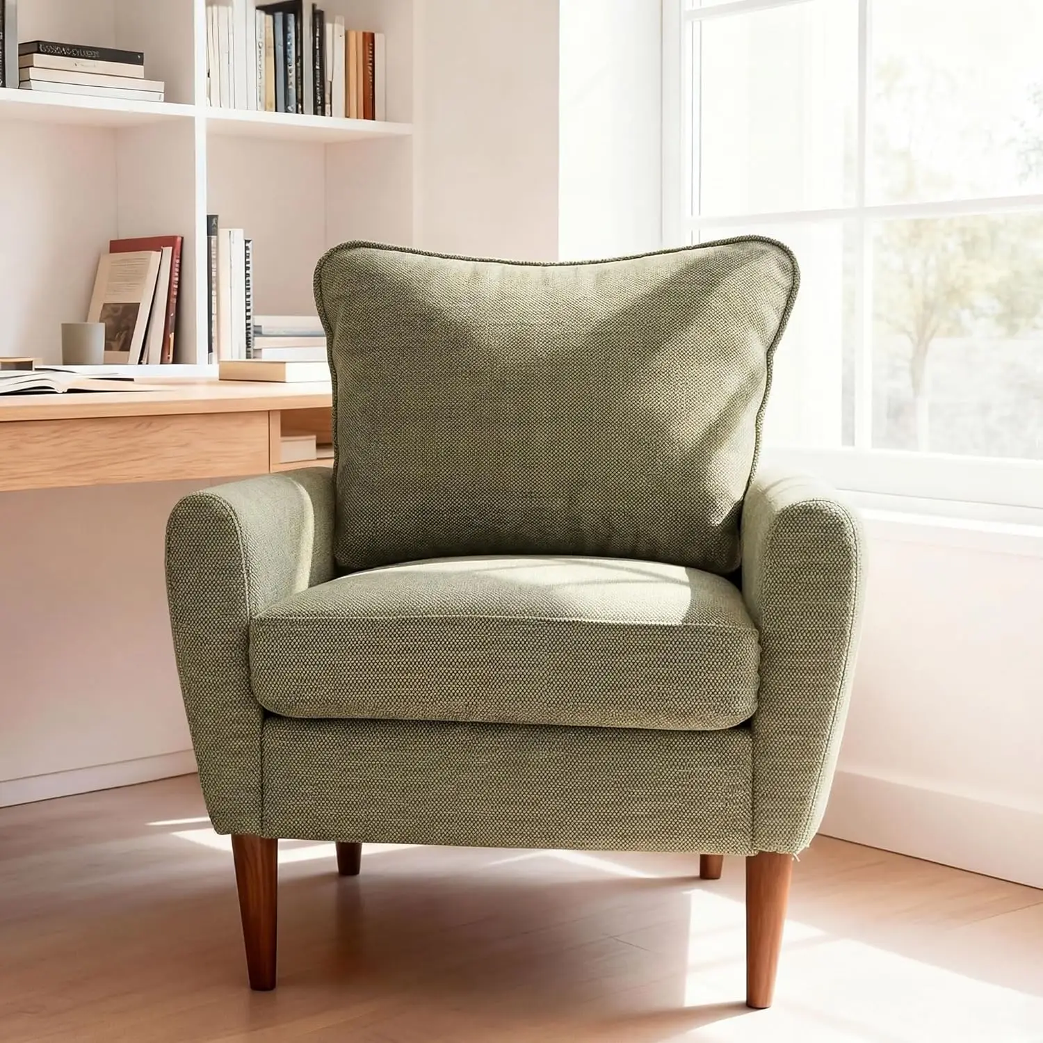 Mid-Century Accent Chair with Pillow & Wood Legs, Wide Upholstered Lounge Chair for Living Room Bedroom (Green, 2 Pack), Customi