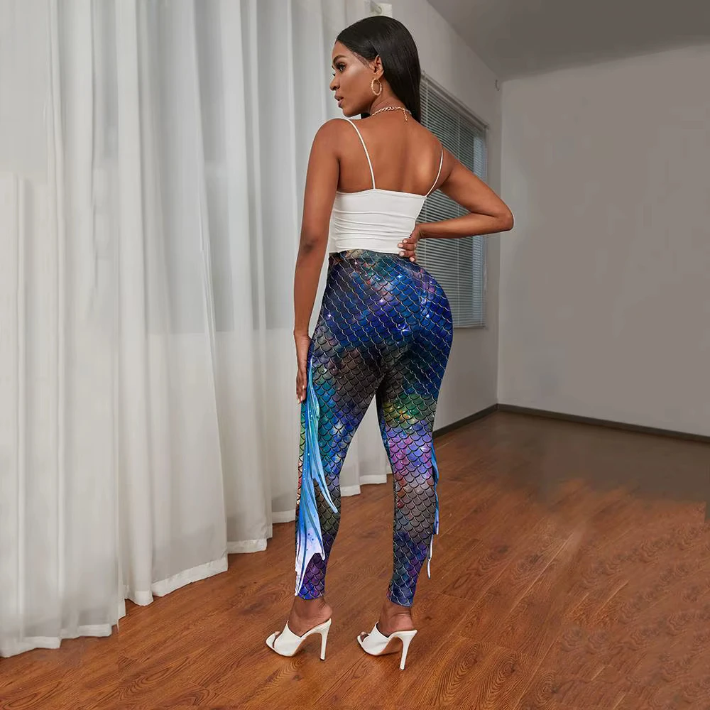 Nueva llegada divertido Colorfur escamas de pescado impreso galaxia sirena Leggings apretado elasticidad entrenamiento Fitness pantalones