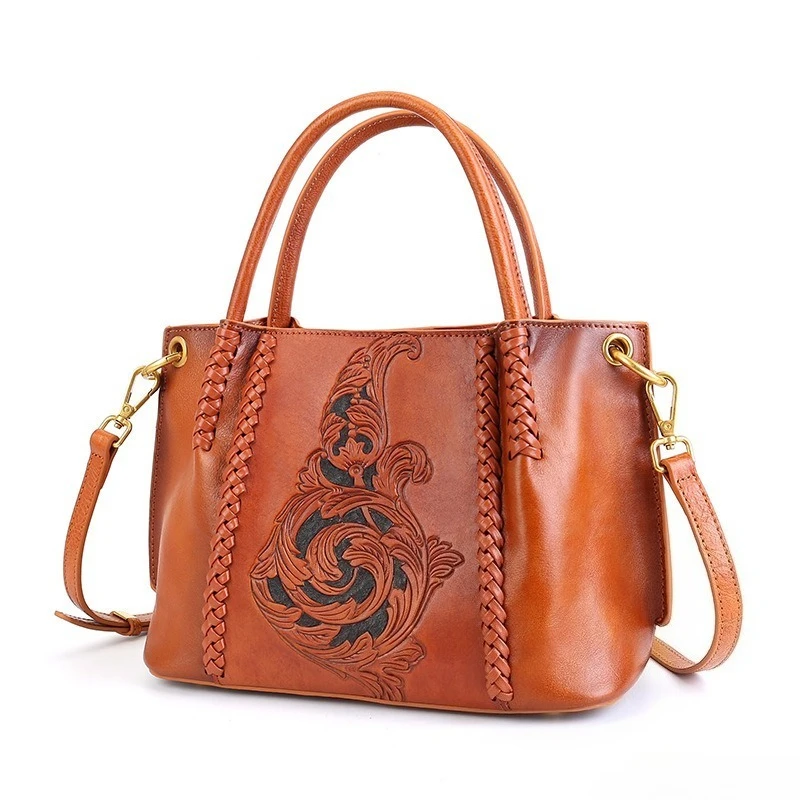 Vintage Everyday Shoulder Bag for Women Genuine Leather Full Grain Leather Vegetable Tanned Hand Tooled Woven Large with Strap