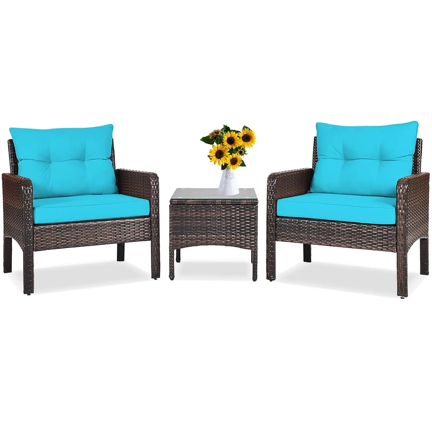 Small Patio Set 3 Piece Wicker Table & Chairs With Cushions All Weather Rattan Bistro Set For Balcony Porch Deck, Customized