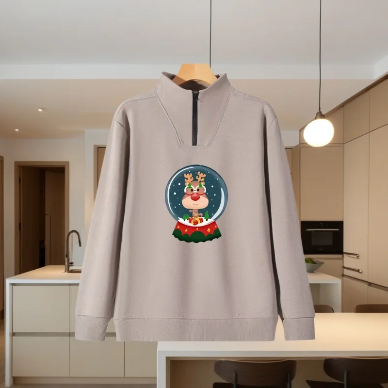 Santa Claus and Reindeer Stand-Collar Long-Sleeve Pure Cotton Sweatshirt Top, Loose-Fitting, Stylish, Versatile Couple's Outfit, Christmas Holiday Trendy Hot-Selling Clothing