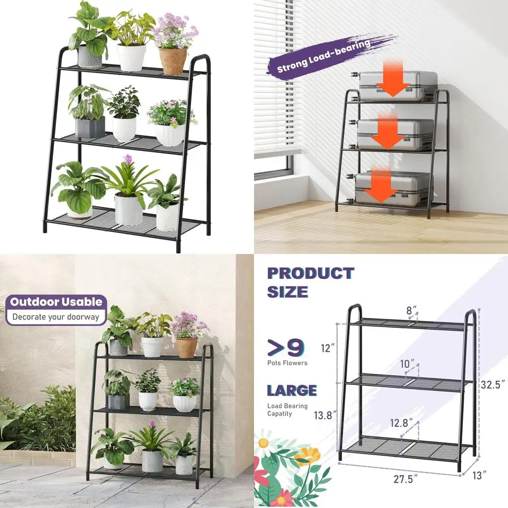 

Трехъярусная подставка для растений, металлическая черная, для горшков, для использования в помещении и на улице, усиленная (черная, 3 яруса)