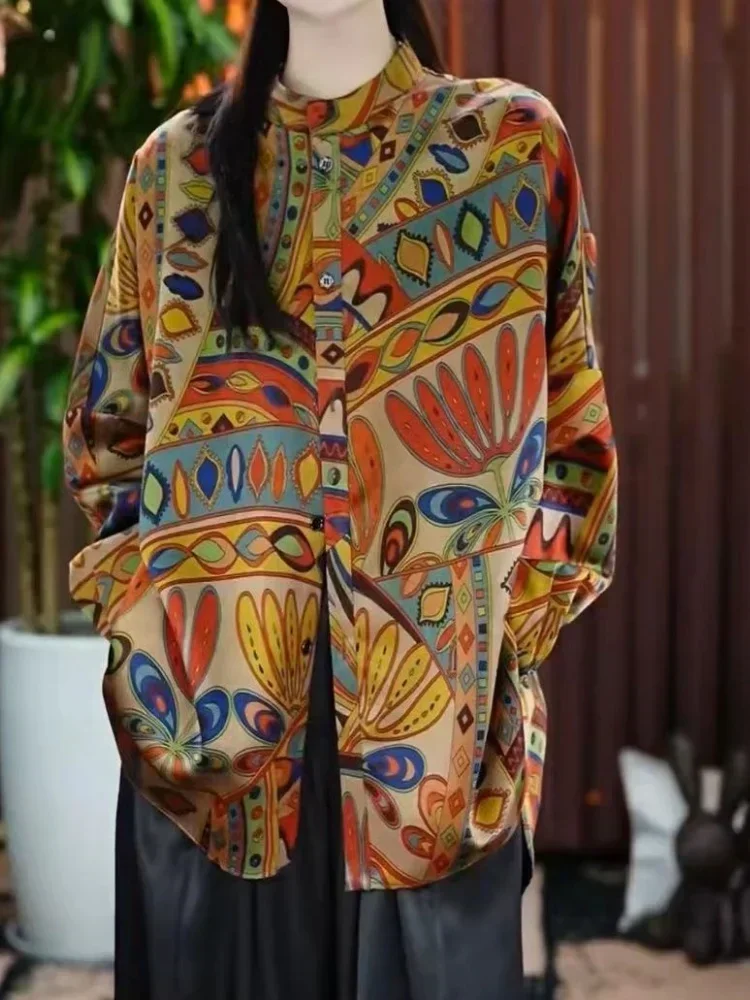 

Stand Collar Button Up Loose Shirts Boho Pattern Y2K Aesthetic Blouses Long Sleeve Jackets Coat Women Streetwear Vintage Clothes