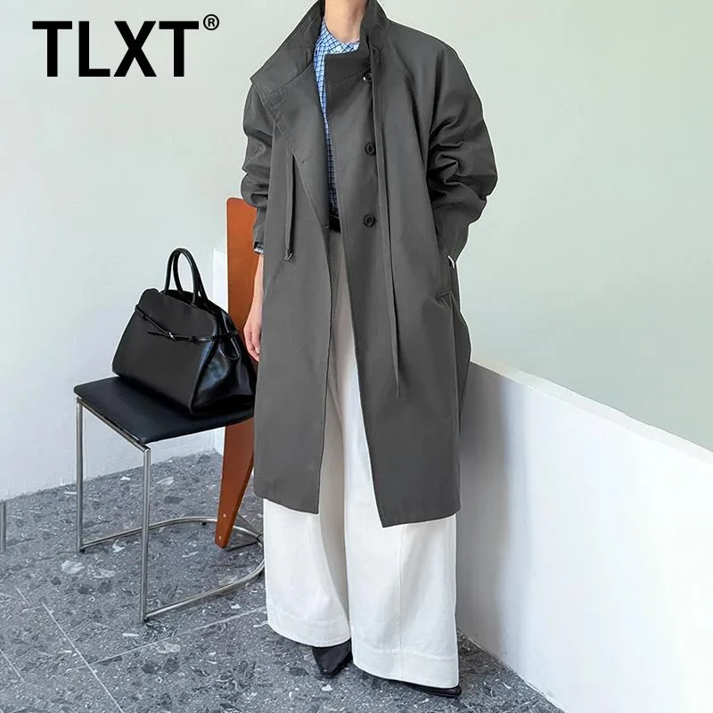 TLXT élégant femmes à lacets conception Trench col montant simple boutonnage bureau dame tempérament Long coupe-vent 2025 hiver nouveau