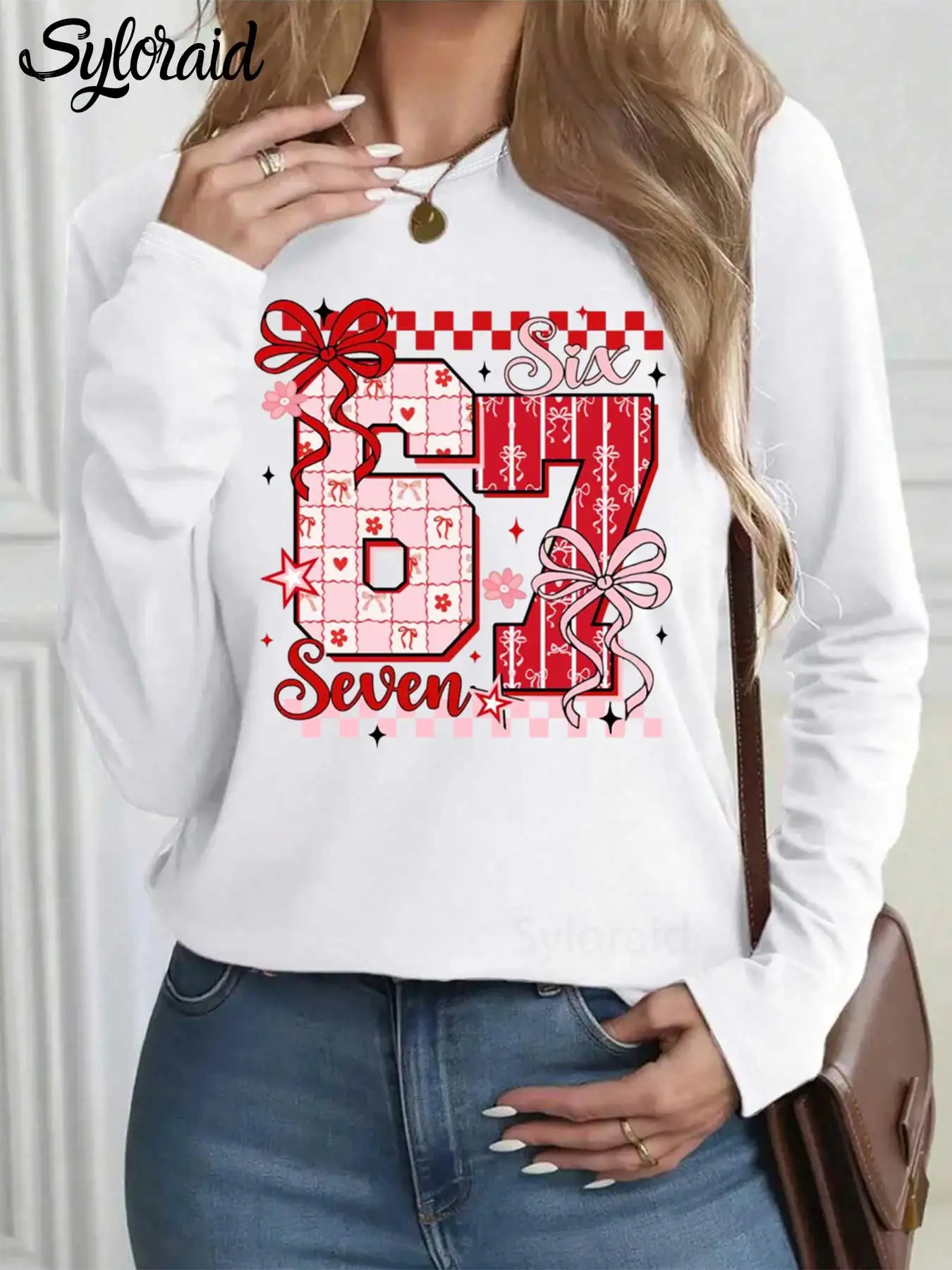 

Women's Long Sleeve T Shirt Pink Funny Six Seven Floral Bow Print T Shirt Fashion Round Neck Casual Top