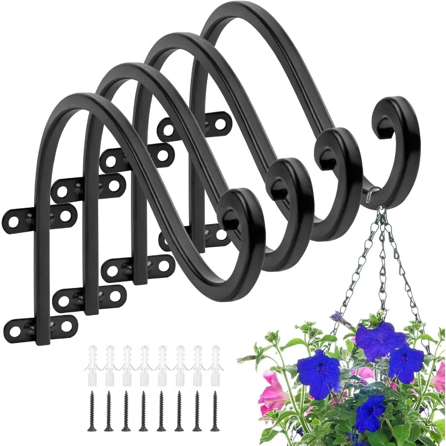 

4 Pack Heavy Duty 16 Inch Outdoor Plant Hangers Black Wall Hanging Brackets for Hanging Flower Basket Bird Feeders Lanterns Win
