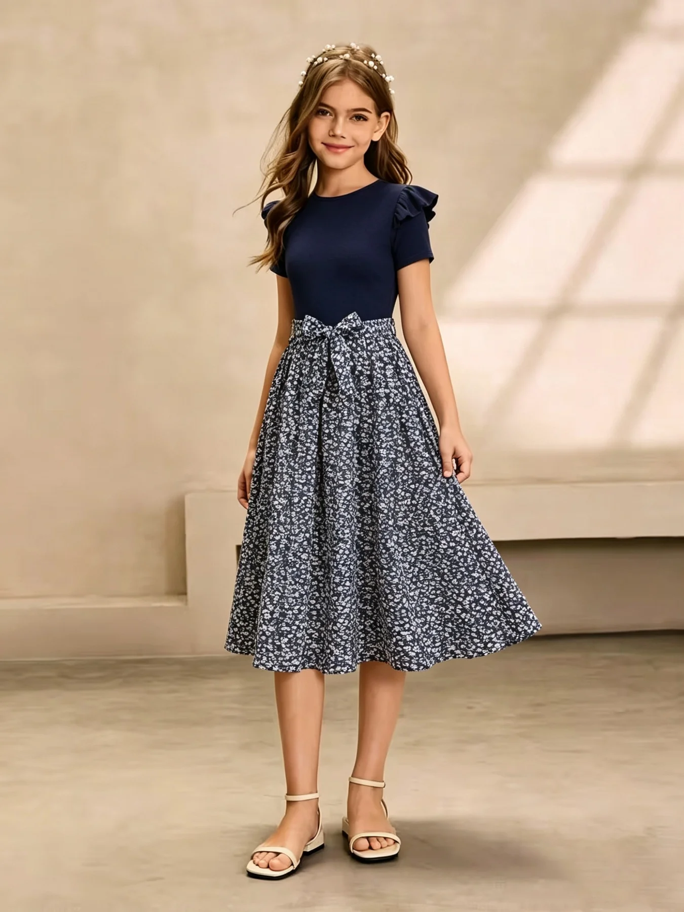 Teenagers Casual round Neck Short Sleeve Ruffle Hem Waist Cinched Bow Dress A-Line Skirt Children's Clothing