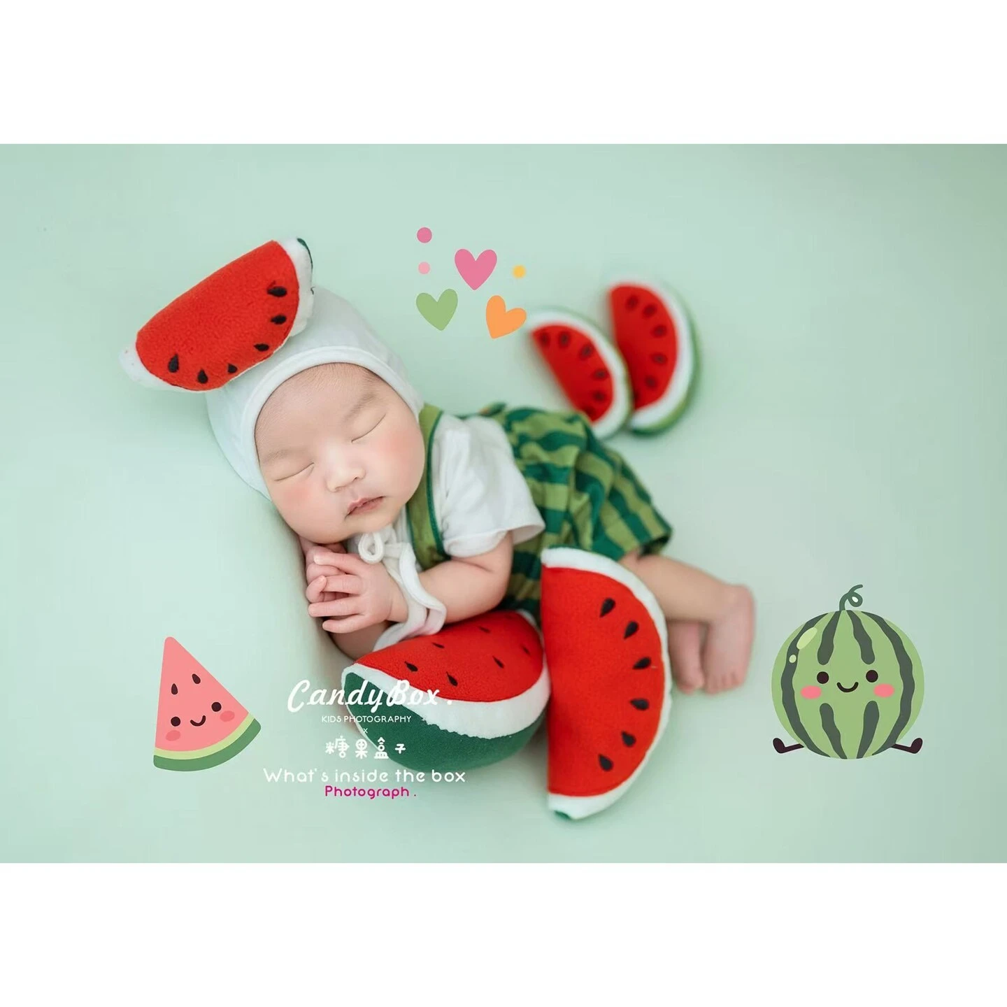 Newborn Photo Props Cute Summer Watermelon Theme Oufit with Melon Decors Backdrop for Baby Studio Photography Photoshoot