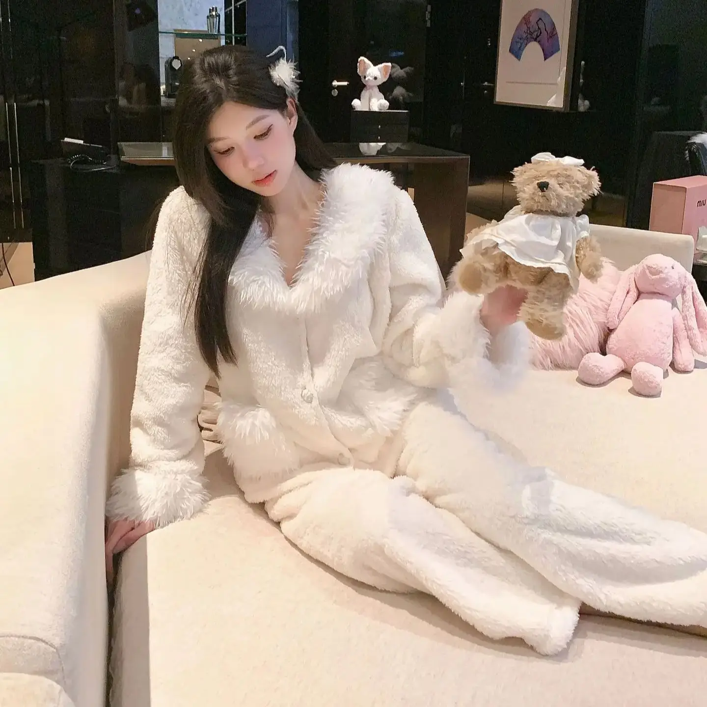 

Однотонная теплая одежда для сна на зиму, пижамный комплект, женские комплекты брюк с длинными рукавами, женская домашняя одежда, пижама из двух предметов с длинными рукавами