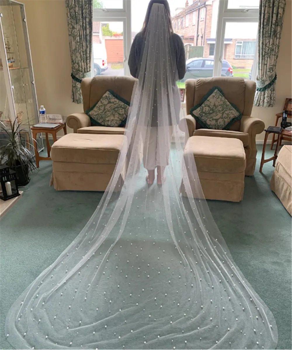 

Жемчуг, белый цвет слоновой кости, длина 3 м, 1 слой, соборная свадебная фата с расческой, Velos de Noiva, свадебные аксессуары для косплея, фото