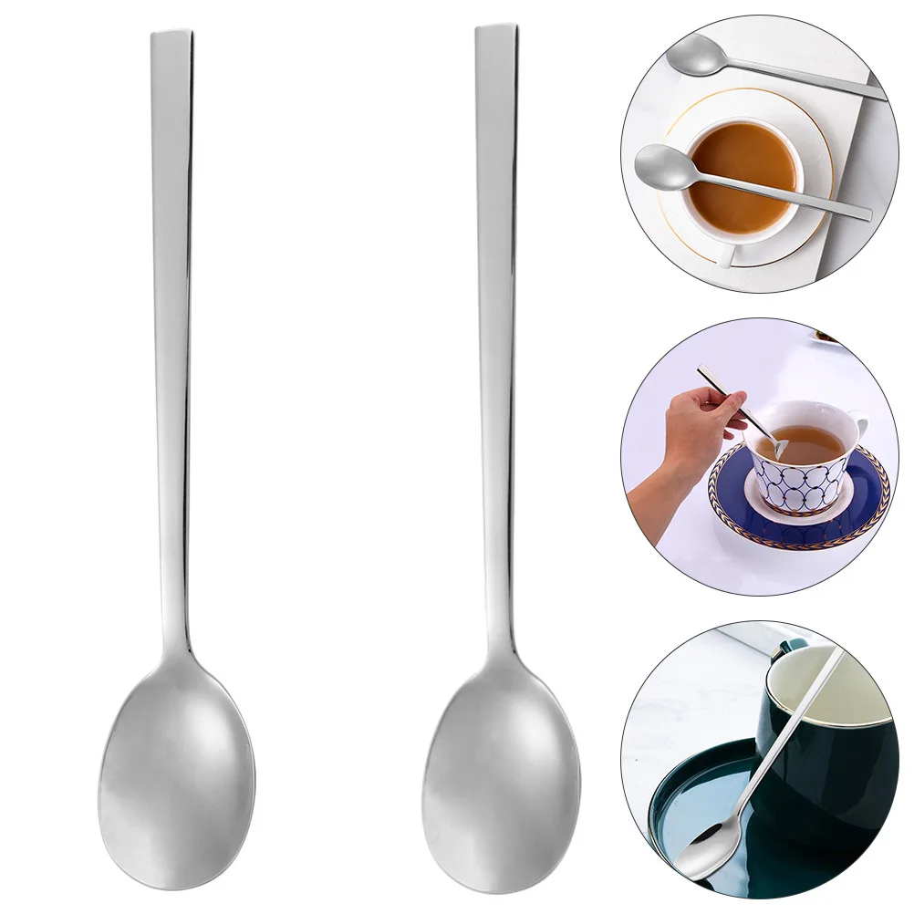 

2pcs Stainless Steel Spoons Long Handle For Mixing Drinks Coffee Tea Bar Party Home Use Dishwasher Safe Finish