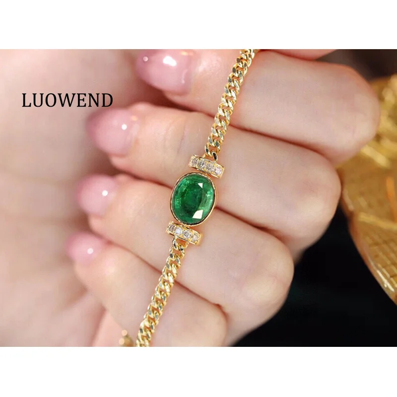 

LUOWEND 18K Yellow Gold Bracelet Classic Style Real Natural Emerald Shiny Diamond Gemstone Bracelet for Women High Party Jewelry