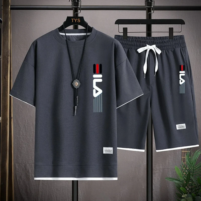 Men's jogging and sports suit, streetwear, 3-piece set, short sleeve t-shirt, men's suit