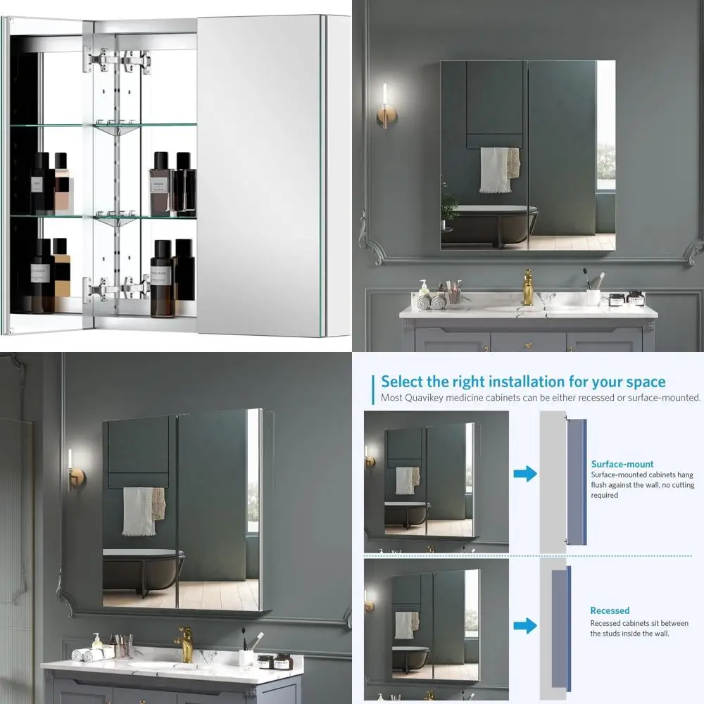 

Aluminum Mirrored Medicine Cabinet for Bathroom, 24x26 Inches, Surface or Recessed Mount, 2 Doors