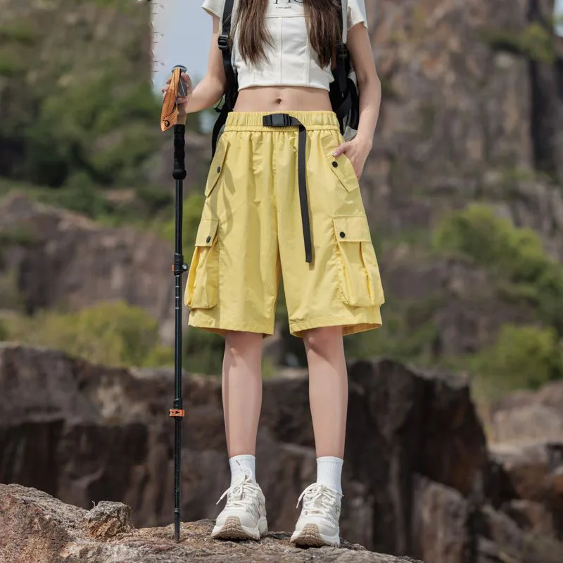 

Fashion Elastic Spliced Pockets Casual Shorts Female Clothing 2025 Summer New Loose Young Style Elastic High Waist Sports Shorts