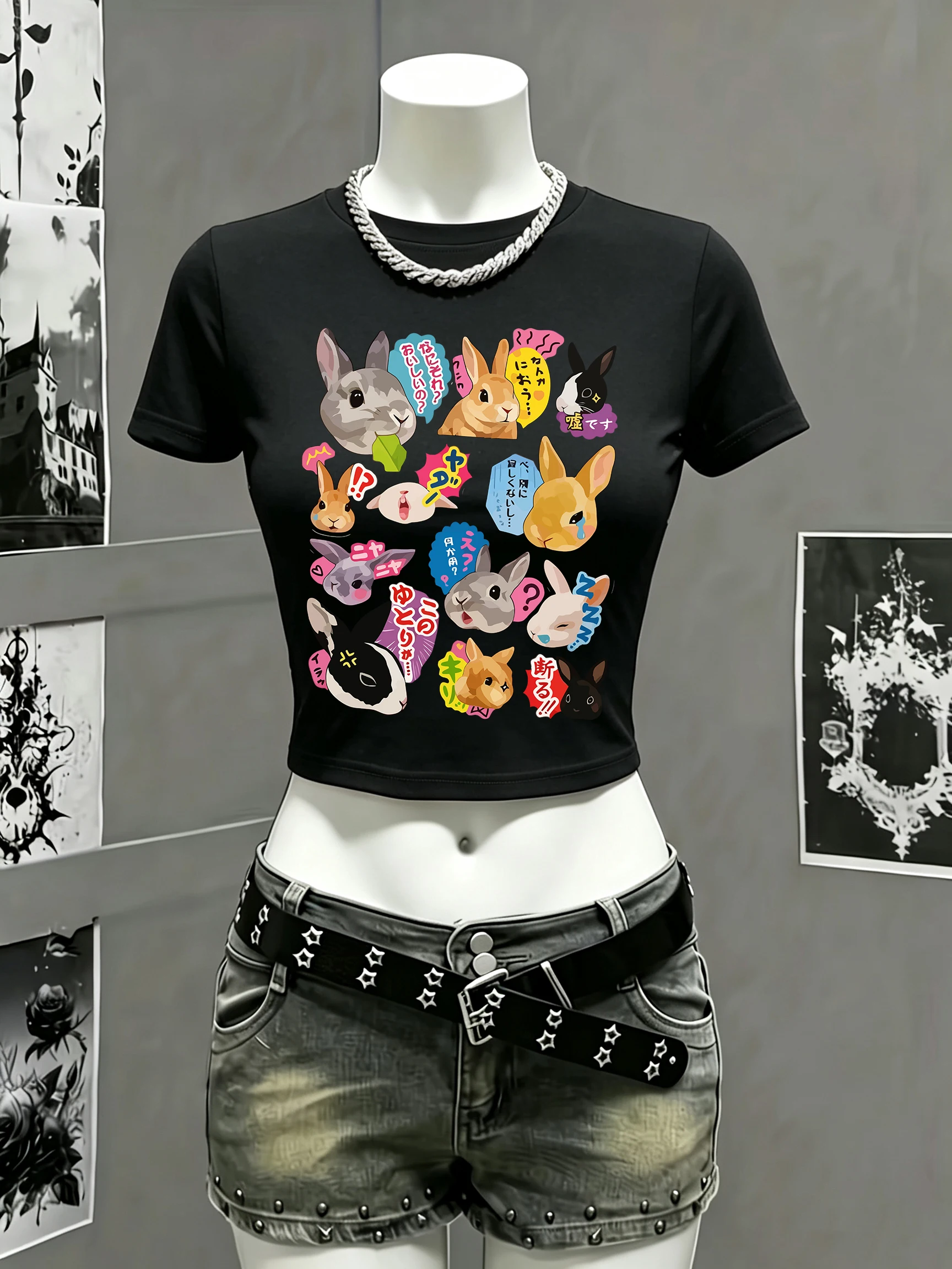 Japanese Rabbit Expression Print Crop T-Shirt Women Crewneck Elasticity T Shirts Summer Short Sleeve Cotton Slim Y2K Tops