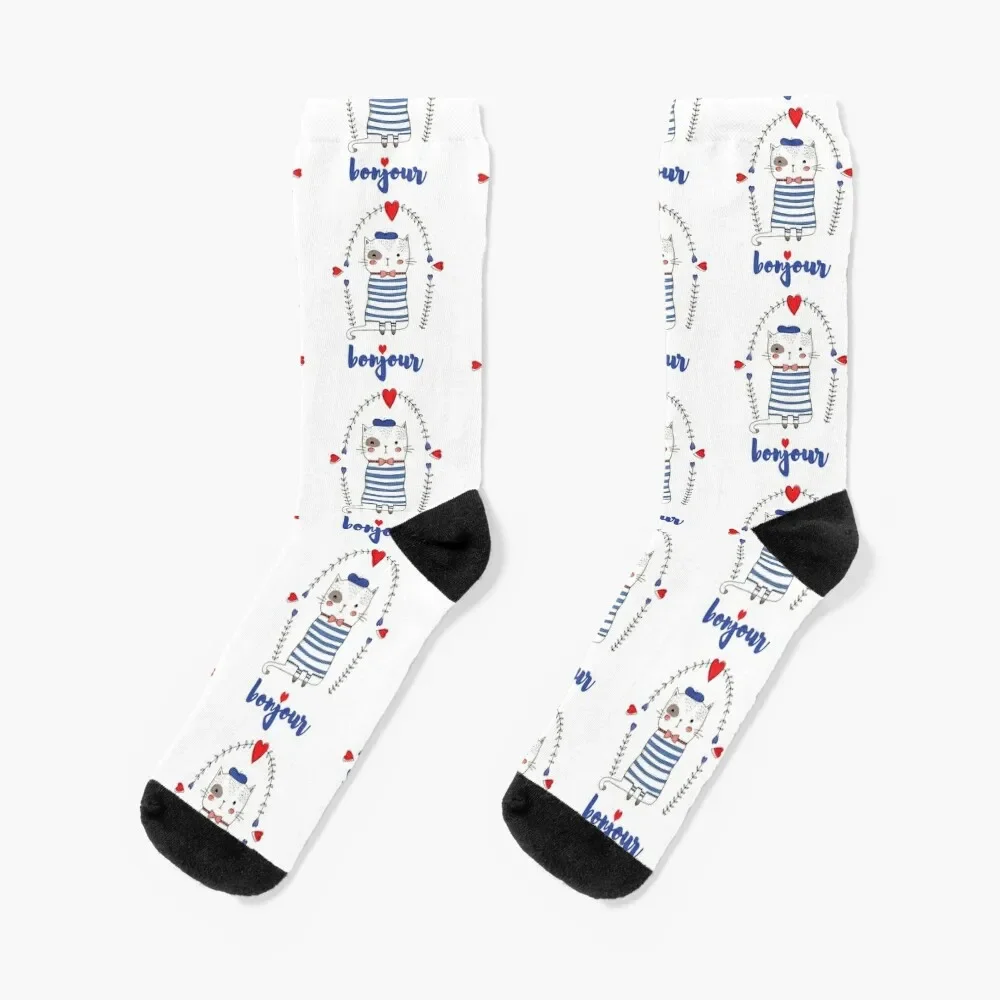 

cute french cat wearing a beret, saying bonjour Socks hip hop Toe sports Male Socks Women's