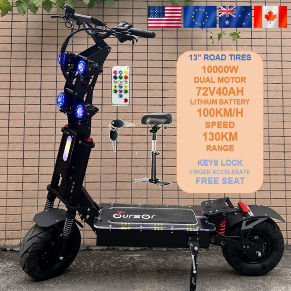 

TOURSOR 10000W 13" Electric Scooter with Seat for Adult 72V 60V Oil Braking System Dual Motor 100KM/H Max Speed 130 KM Max Range