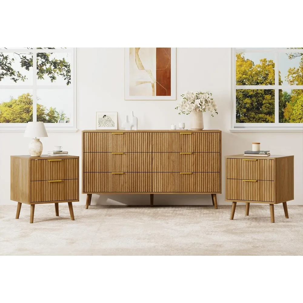 

Комод и тумбочка с 6 ящиками для спальни, современный комод из натурального дуба и золота с рифленой панелью, ширина 55 дюймов, 6 ящиков C