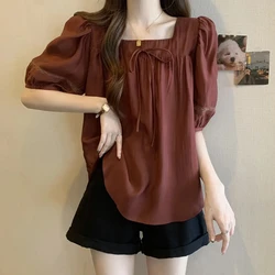 Sweet Folds Lace Up Bow Puff Sleeve T-Shirt Female Clothing 2024 Summer New Loose Casual Tops Korean Short Sleeve Tee Shirt