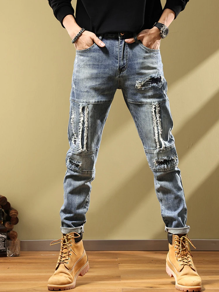 

Designer Biker Jeans Men's Distressed Stretch Ripped Biker Jeans Men Hip Hop Slim Fit Holes Punk Jeans Zipper Blue Denim Pants