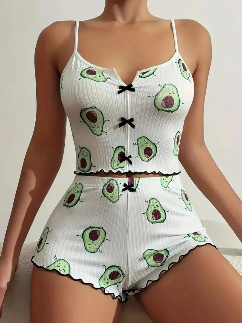 

Новые женские повседневные шорты с принтом авокадо, комплекты шорт, шорты-бретельки, сексуальные повседневные короткие комплекты с бантом Pure Desire, элегантные C7S0