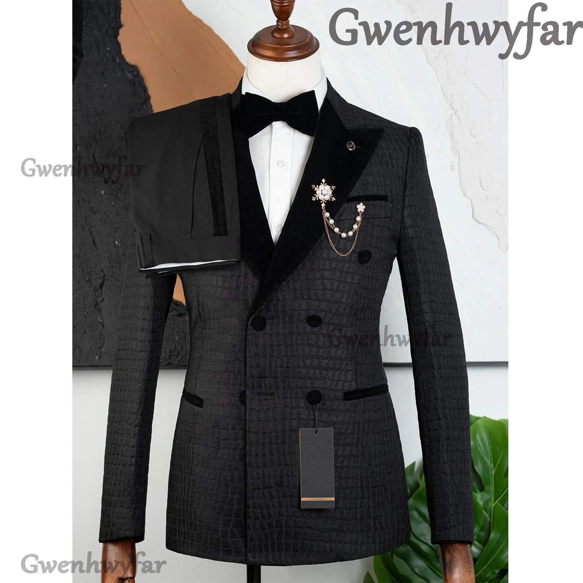 

Gwenhwyfar Me Black Leather Fabric Business Suit 2026 High Quality Fashion Banquet Wedding Trend Groom Best Man Double Breasted
