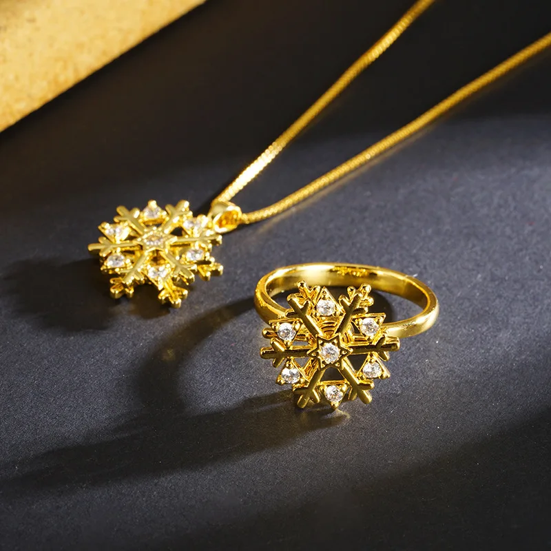 Luxury 24K 9999 Pure Gold Snowflake Sparkle Necklace Micro Set with Flash Diamond Sweet Adjustable Ring