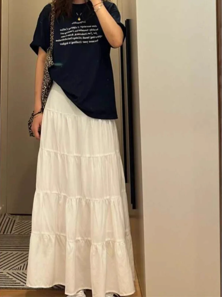 

Белая плиссированная юбка А-силуэта с высокой талией, женская, весенняя, винтажная, маленький размер, универсальная, с большим оборотным подолом, юбка-солнце