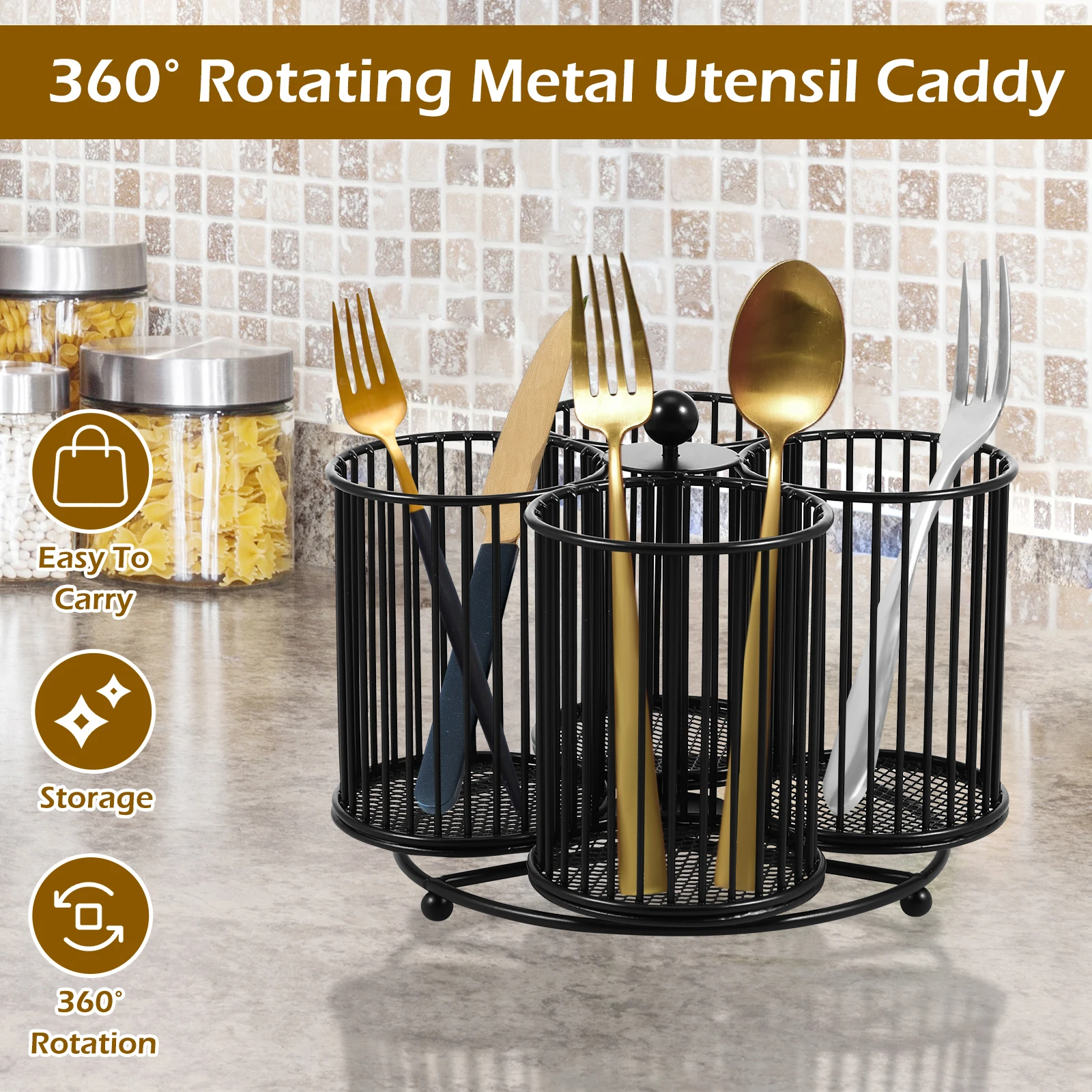 Metal Utensil Caddy 360 Degree Rotating Cutlery Holder 3/4/5 Compartment Flatware Storage Basket for Kitchen Camping Countertop