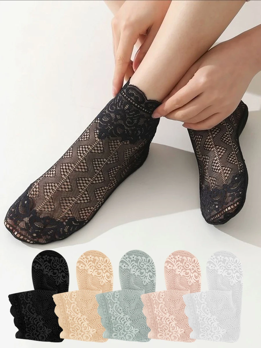 

5 Pairs Of Spring And SummerThin Women's Sexy Lace Soft Breathable Short Socks
