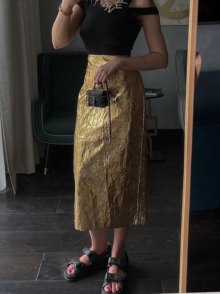 2023 Fashion Spring Summer Women Solid Gold High Waist Midi Skirts Street Vintage Concise Straight Skirt For Women Female