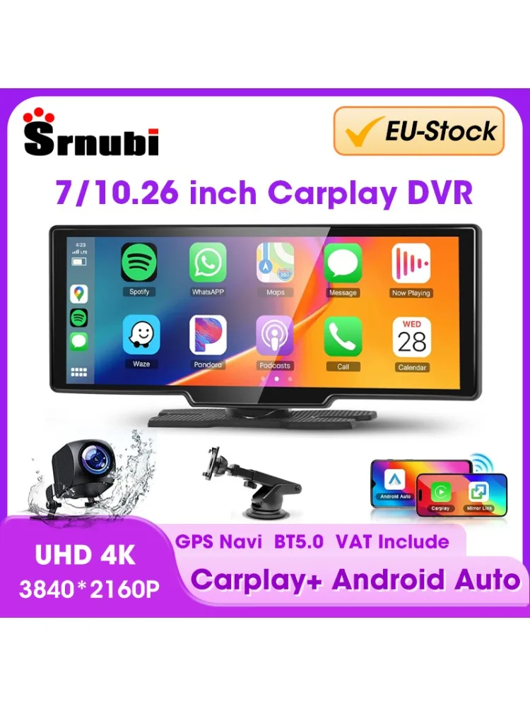 7/10.26 "Draadloos Carplay-scherm voor auto, 5G Wifi Dash Cam 4K Auto DVR, Android Auto Dual Lens GPS-navigatie Videorecorder, FM AUX - afbeelding 2