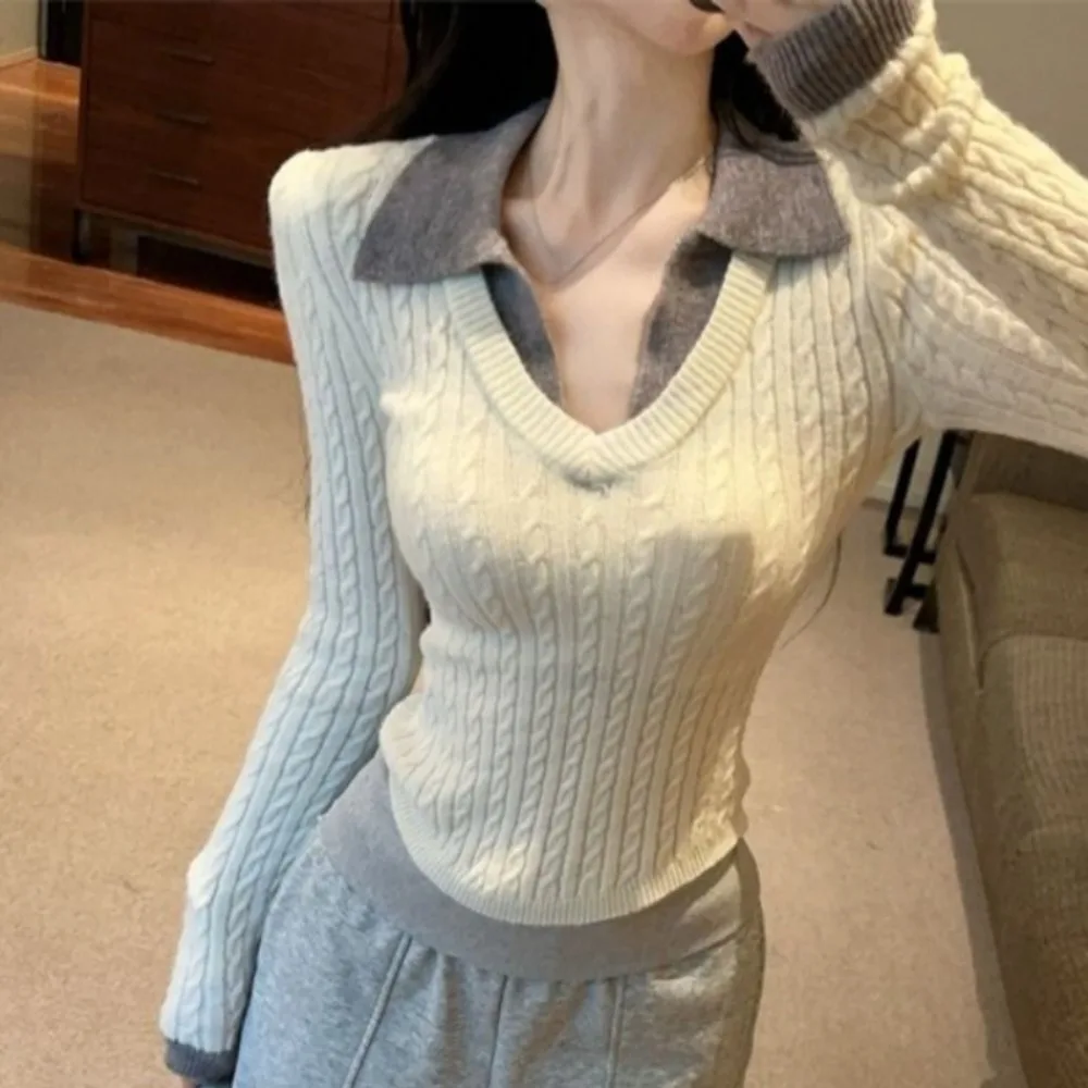 Casual Student Preppy Style Moda Pullovers Elegant Panelled Fake Two Pieces Knit Top Slim Pure Desire Twist Elegant Mujer