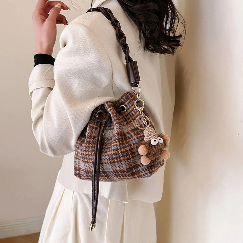 Stripes Plaid Bucket Bag Fashion Twisted Handles Dark Colors Drawstring Messenger Bag Wool Material Handbag Daily Matching