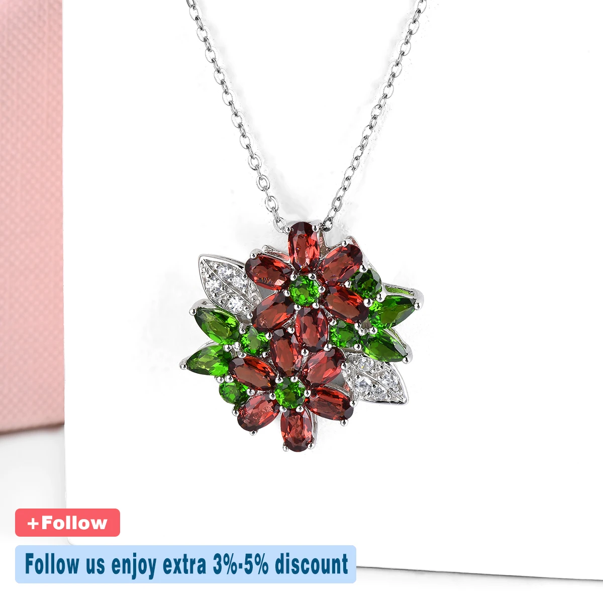 Natural Garnet Diopside Sterling Silver Pendant 5.5 Carats Genuine Multicolor Gemstone Romantic Wedding Anniversary Fine Jewelry