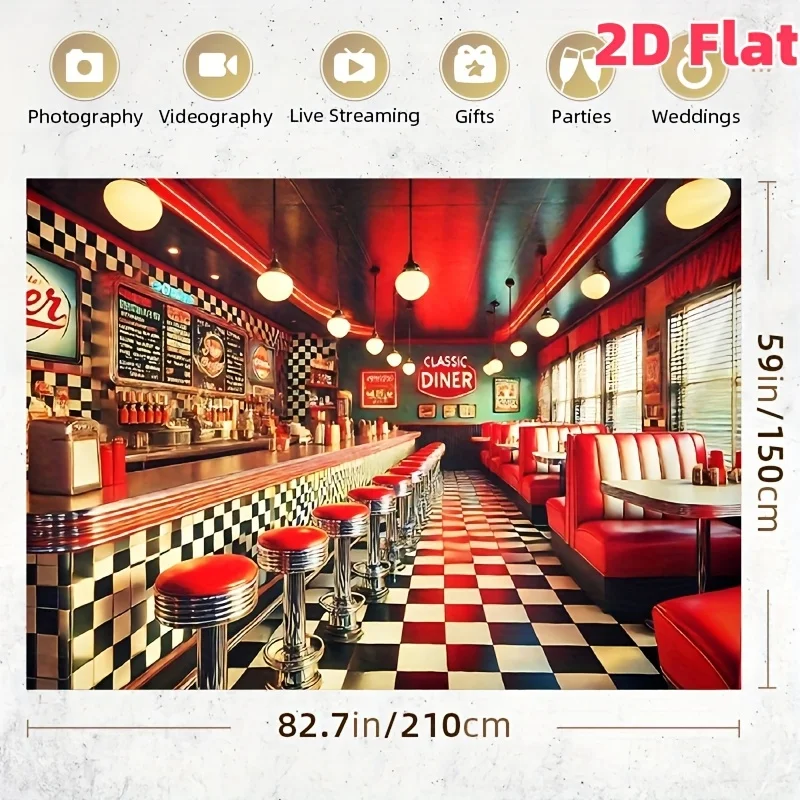 2D-Retro-Wandbild im amerikanischen Restaurant-Stil – Fotohintergrund aus Polyestergewebe im Stil der 1950er Jahre, mit kariertem Boden und Neonlichtern – Detail 4
