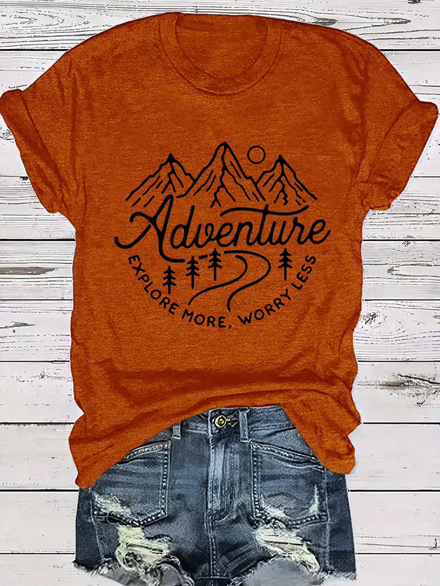 Adventure Explore More Worry Less Women's Tee - Mountain Graphic, Casual Outdoor Top